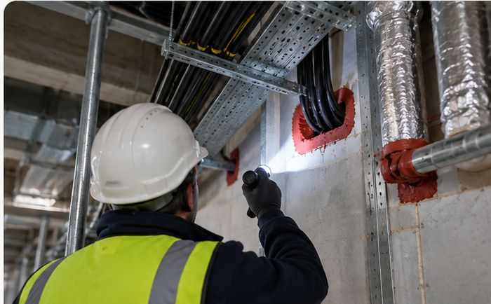 Surveyor torch-checking a fire-stopped cable and duct penetration through a compartment wall