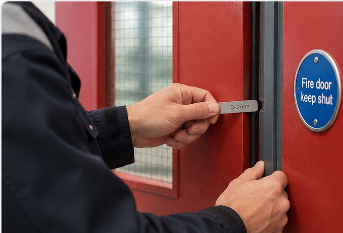 Technician measuring a fire door frame gap beside a fire door keep shut sign