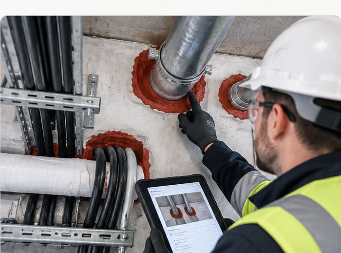 Surveyor checking sealed service penetrations against photographic evidence on a tablet