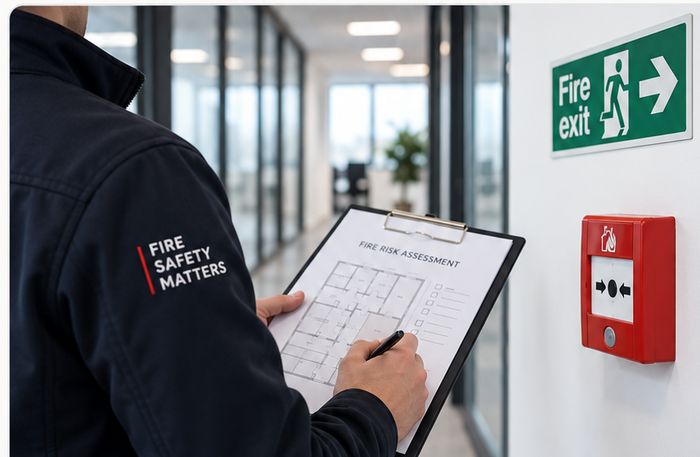 Inspector completing a fire risk assessment beside a fire exit sign and call point